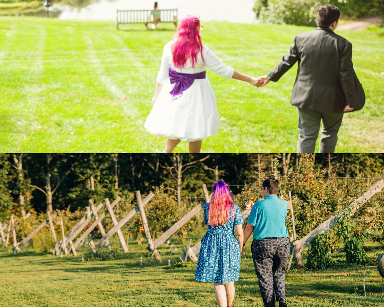 Two photos of the same couple walking, taken from behind. In the top photo they wear wedding clothes and walk downhill toward a pond. In the second they walk closer together in blue outfits through a small apple orchard.