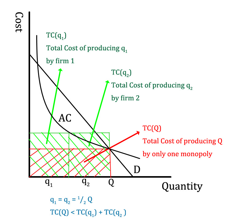 Natural monopoly basically requires high fixed cost barriers to entry and low marginal cost, which allows a company to dominate the market with a huge upfront investment. Crazyjungle@wikibooks