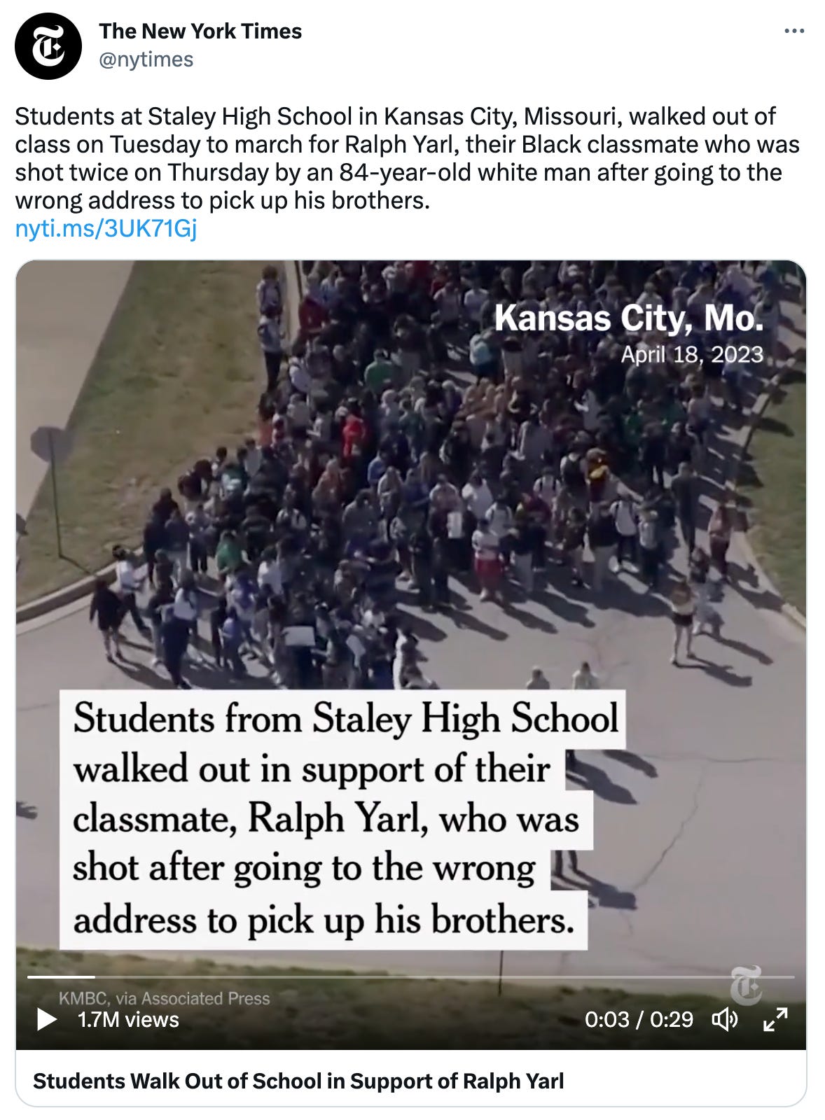 Screenshot of a video of students hosting a walkout at Staley High School