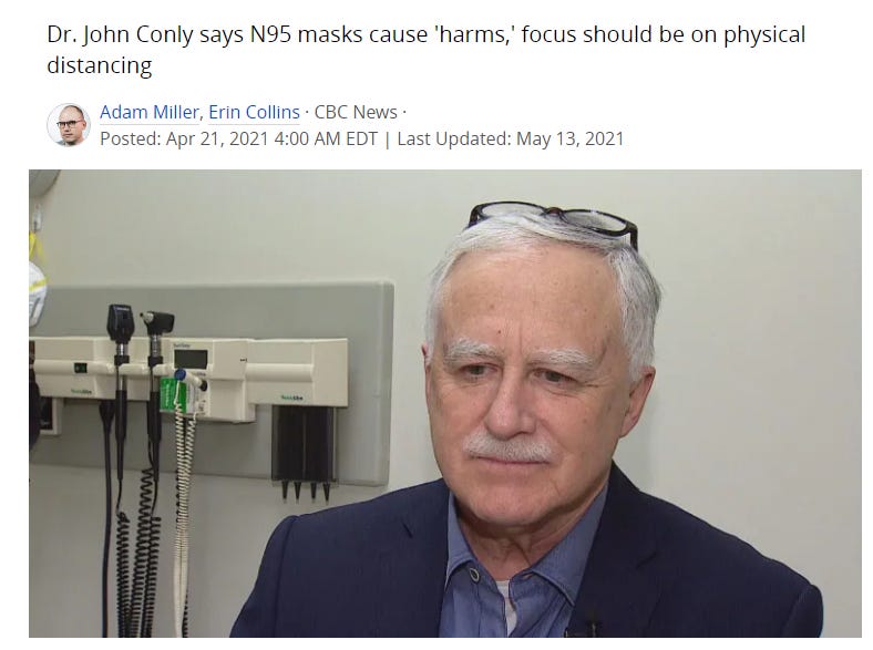 John Conly headline saying N95 respirators cause "harms," because acme is a fate worse than death apparently