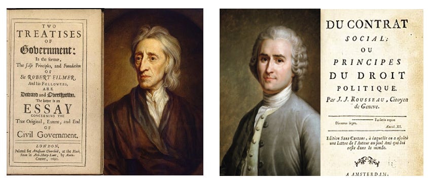 Historical texts by Locke and Rousseau alongside portraits, representing the evolution of social contracts and democratic principles. Historical texts by Locke and Rousseau alongside portraits, representing the evolution of social contracts and democratic principles.