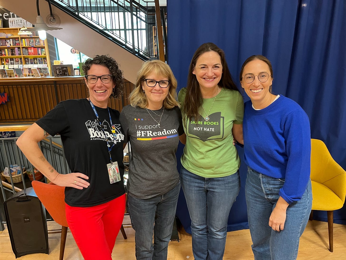 Charley Rejsek of BookPeople, Carolyn Foote of FReadom Fighters, author Samantha M Clark and Kasey Meehan of PEN America after the Magical Power of Reading panel at BookPeople Oct. 7, 2023