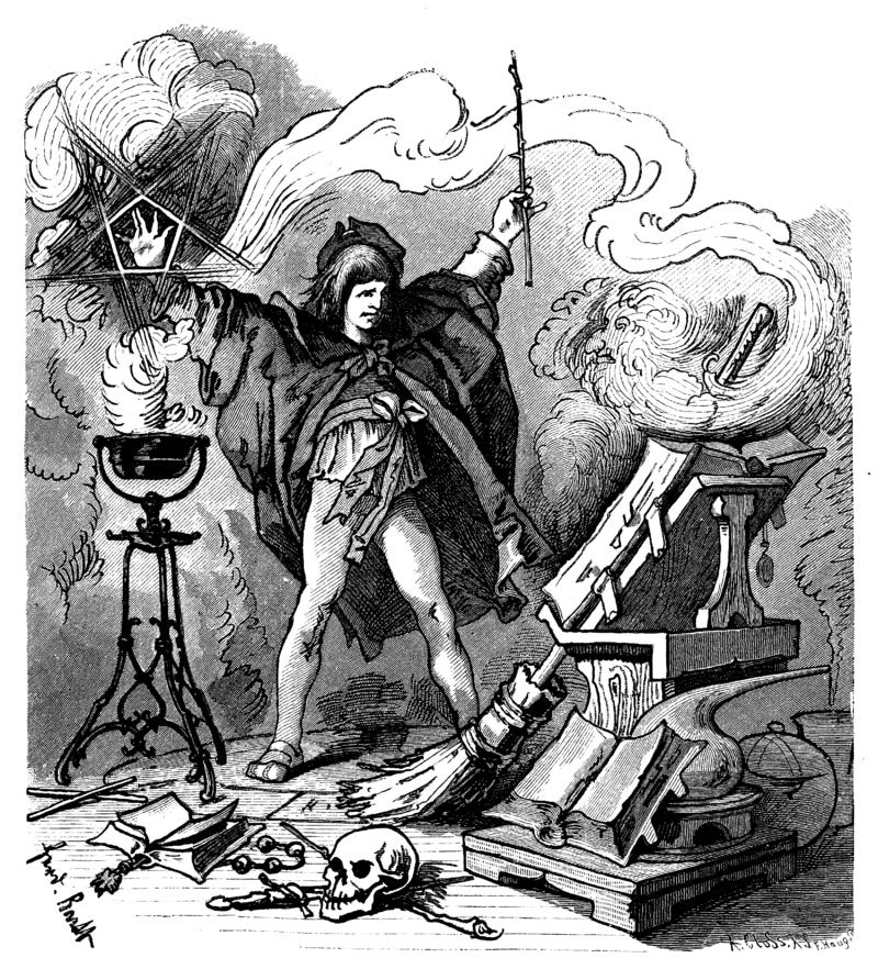 Engraving of a sorcerer's apprentice casting a dangerous spell