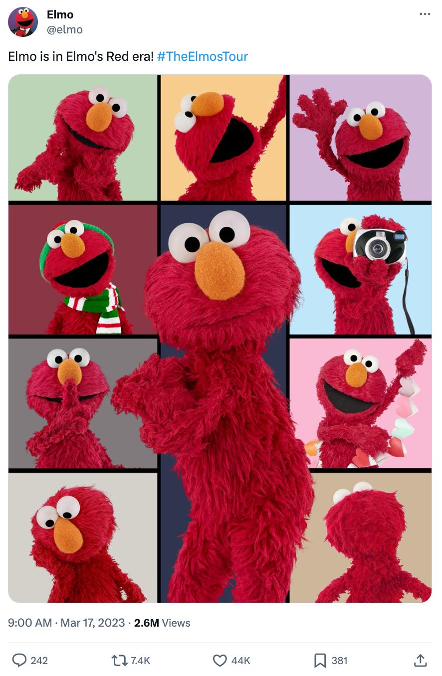 Tweet from Elmo that says "Elmo is in Elmo's Red era! #TheElmosTour" with a photo of Elmo in panels like Taylor Swifts tour announcement.