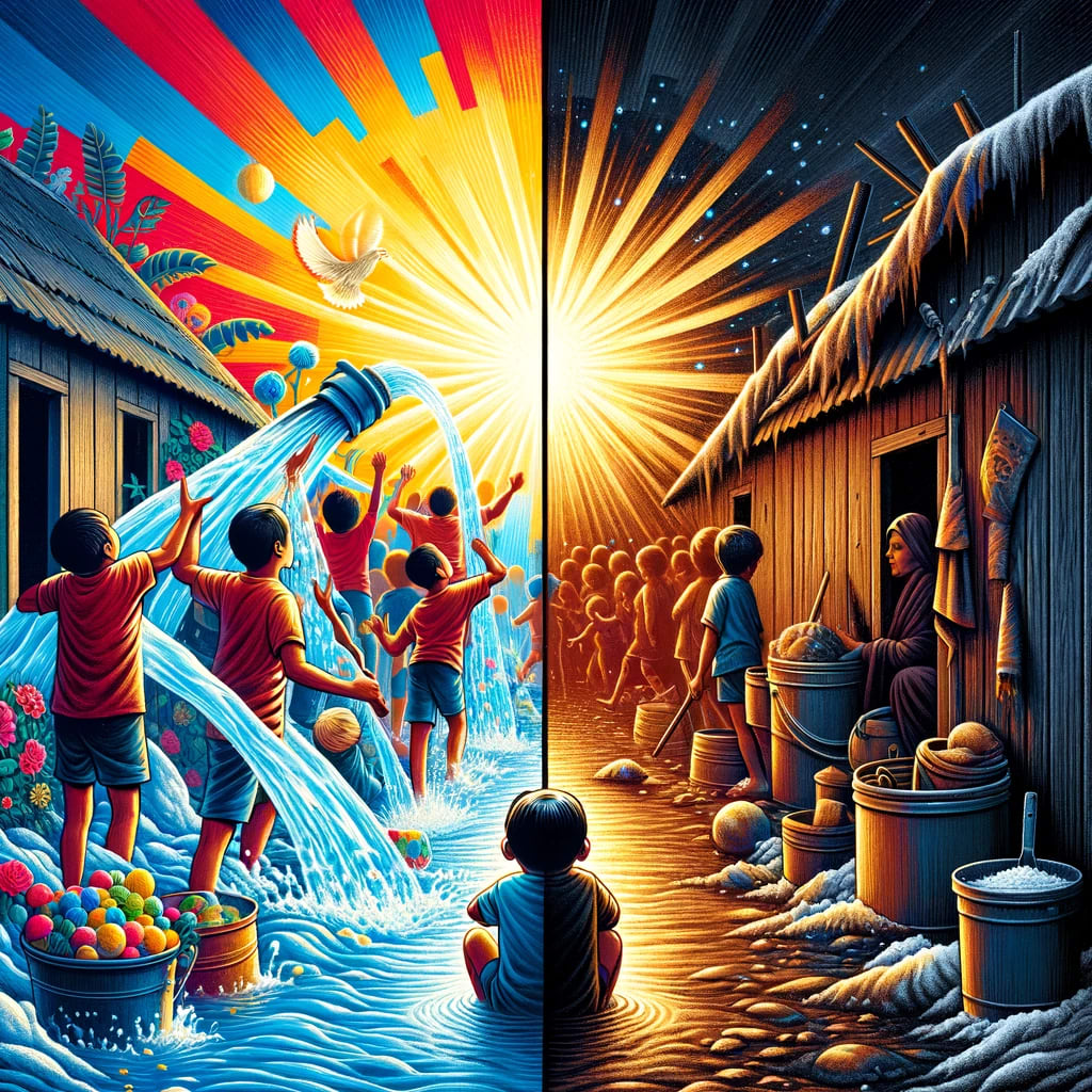 Create an artwork for an essay comparing significant experiences in the poems 'Blessing' and 'Hide and Seek'. The image should illustrate two contrasting scenes. On one side, depict a vibrant, joyful scene from 'Blessing' showing children and adults gathering water from a burst municipal pipe, with pots and buckets of various materials, under a radiant sun, symbolizing the sudden joy and communal gathering. On the other side, illustrate a somber, isolated scene from 'Hide and Seek', portraying a young boy alone in a dark shed, hiding, with an emphasis on the cold, dark, and salty environment, reflecting the boy's realization of human cruelty. The style should capture the emotional and thematic contrast between the communal joy in 'Blessing' and the individual isolation in 'Hide and Seek', using vibrant and muted colors respectively.