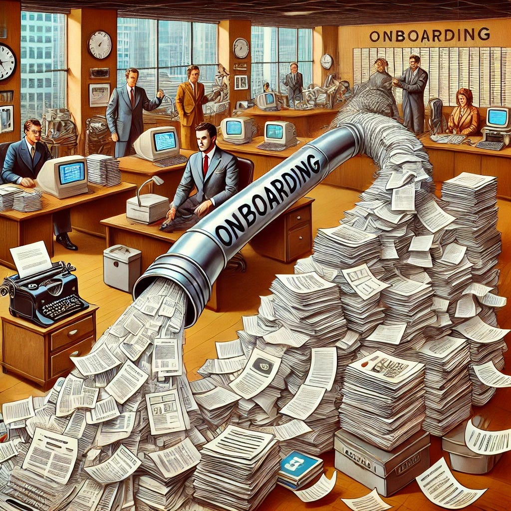 An illustration of a corporate office from the 1970s to the present, where an overwhelmed new employee is hit with a torrent of paperwork and digital files from a firehose labeled "Onboarding." Managers in both vintage and modern attire operate the hose, symbolizing the overwhelming nature of corporate onboarding across decades.