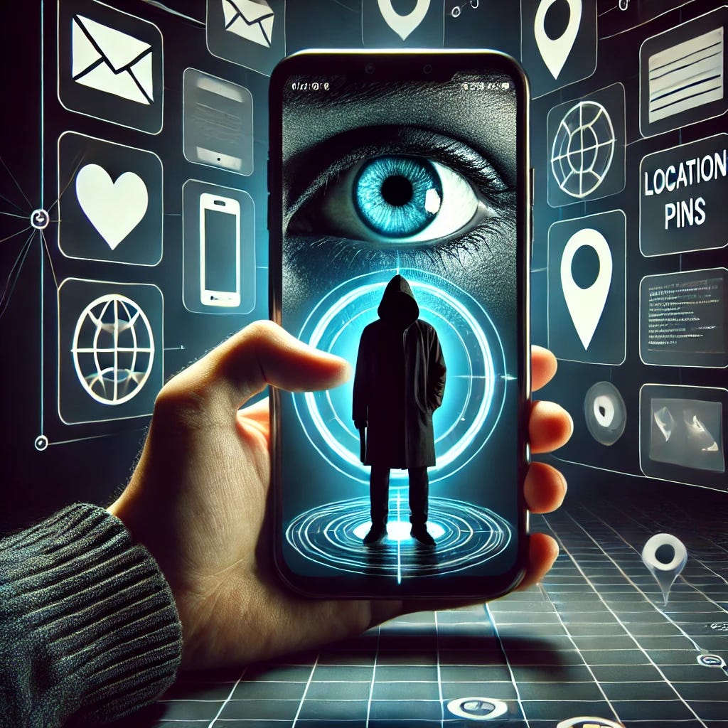 A conceptual illustration depicting digital stalking and privacy invasion. The image shows a shadowy figure in the background symbolizing a stalker, with a smartphone in the foreground displaying an eye on the screen, representing surveillance. The phone is surrounded by icons like chat bubbles, location pins, and photo thumbnails to symbolize the type of data accessed. The overall setting is dark with a high-tech, ominous atmosphere, using contrasting light to highlight the phone and its symbols. The image conveys the themes of secrecy, invasion of privacy, and technology misuse.