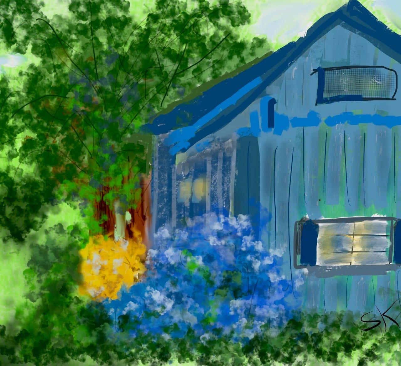 Whimsical painting by Sherry Killam Arts of a blue cottage with flowers and foliage where the artist lived in the 1970s.