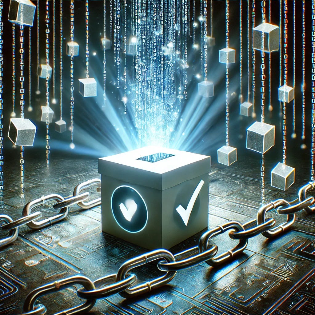 An image that combines the concept of 'blockchain' with 'digital voting'. The scene features streams of binary code (bits) swirling around a digital ballot box. The digital ballot is glowing, with secure-looking chains of blocks surrounding it, symbolizing the blockchain technology ensuring the integrity and security of the voting process. The background should have a futuristic, high-tech feel, with a dark blue and black color scheme to highlight the glowing elements.