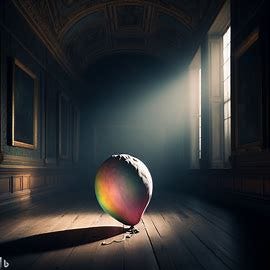 Create an image of a deflated balloon, alone in a dimly lit room, its once vibrant colors now faded and lifeless. The room is filled with the hushed silence of unfulfilled excitement, and the deflated balloon serves as a poignant symbol of missed expectations and deflated hopes. Capture the stillness and melancholy in this scene, using light and shadows to evoke the emotions of disappointment and unmet dreams.. Image 1 of 4