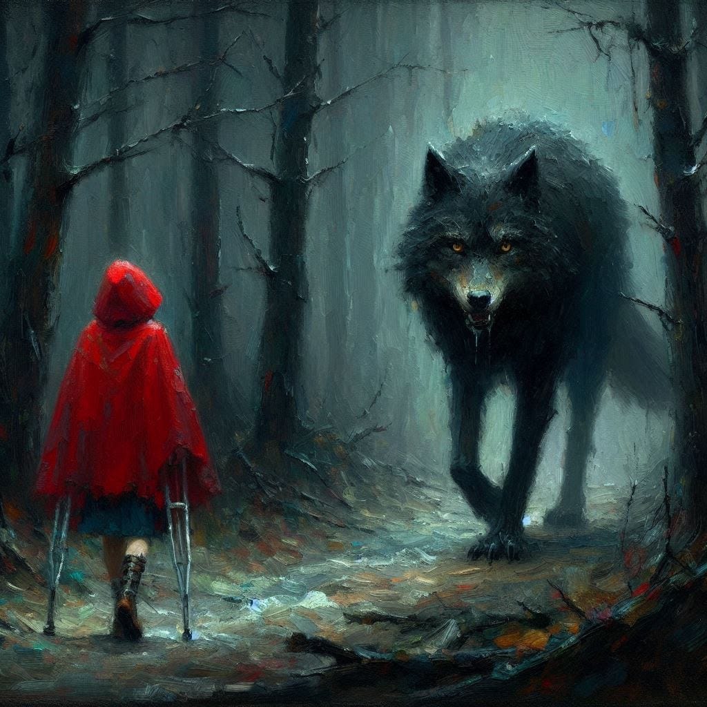 A wolf with unruly black fur walks at a distance behind Little Red Riding Hood, who is on crutches, through a dark forest. Ominous. Impressionist-style