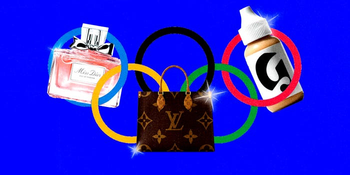 Illustration of different brand products with the Olympic rings.