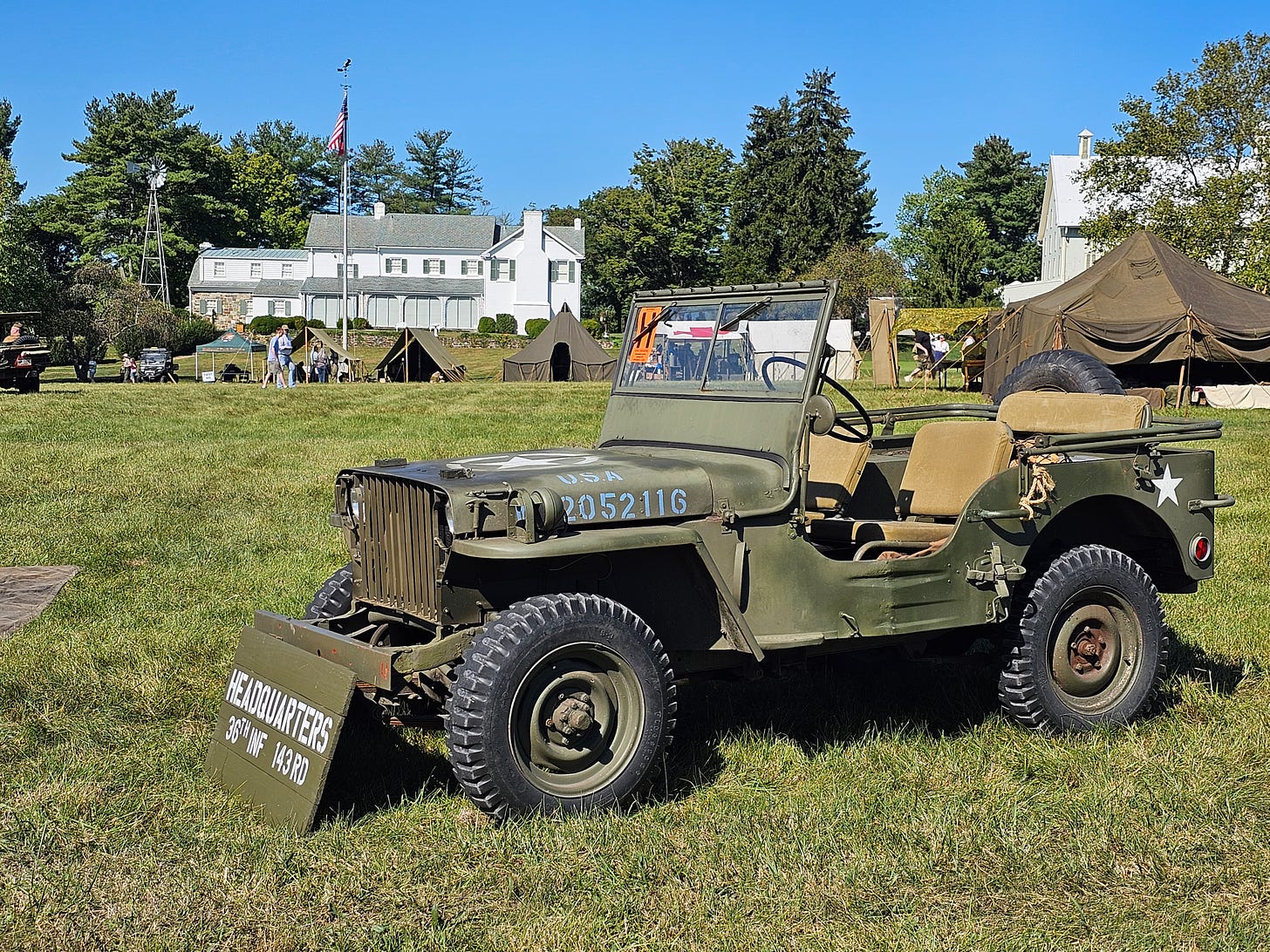 A WWII Era jeep in front of Eisenhower's house.