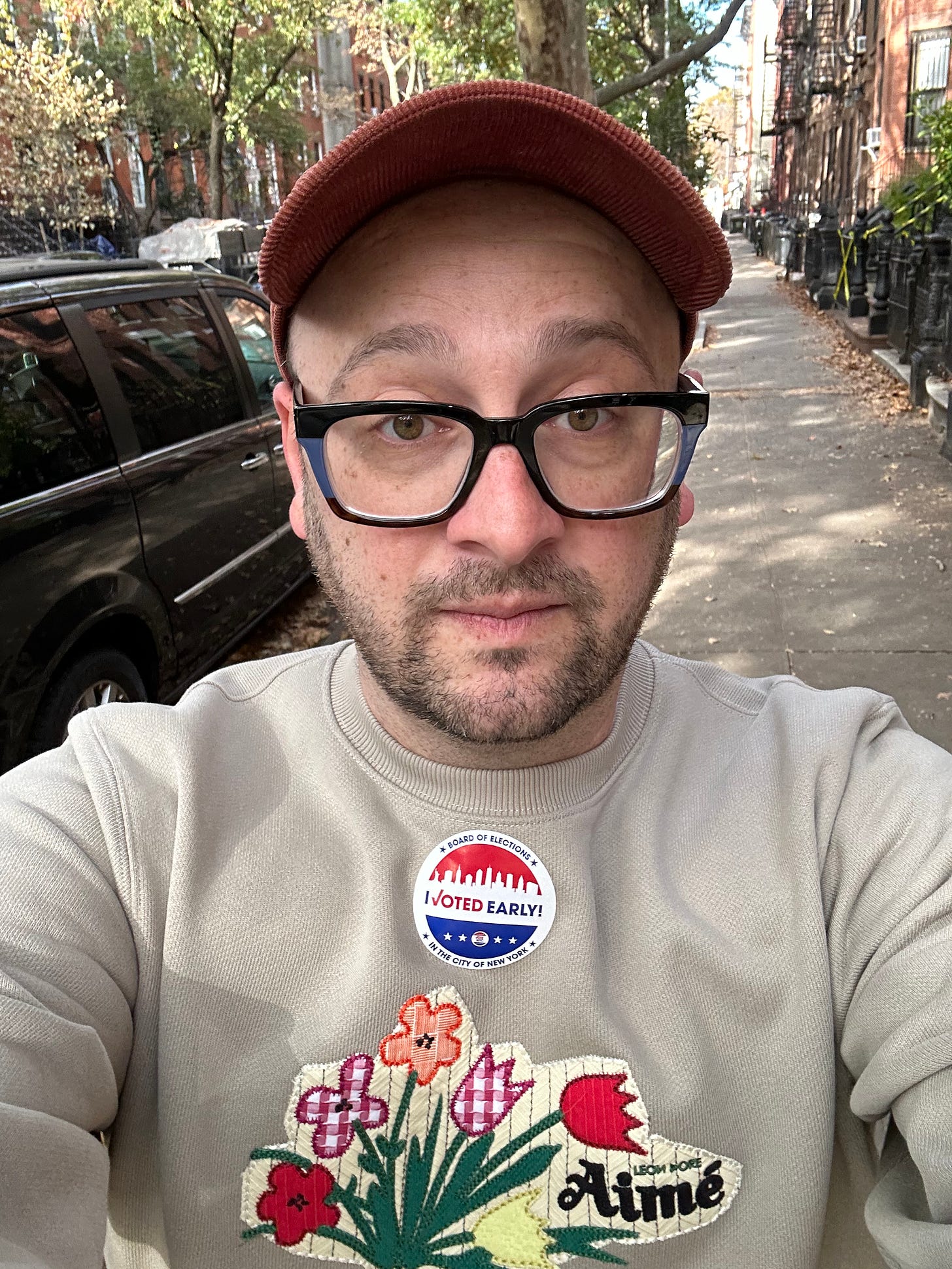 Me wearing an "I voted early" sticker on my fancy sweatshirt.