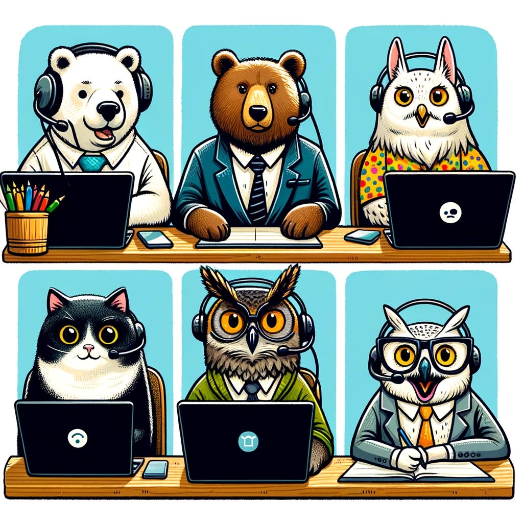 an illiustration of a bunch of animals in business attire on their computers in a conference call