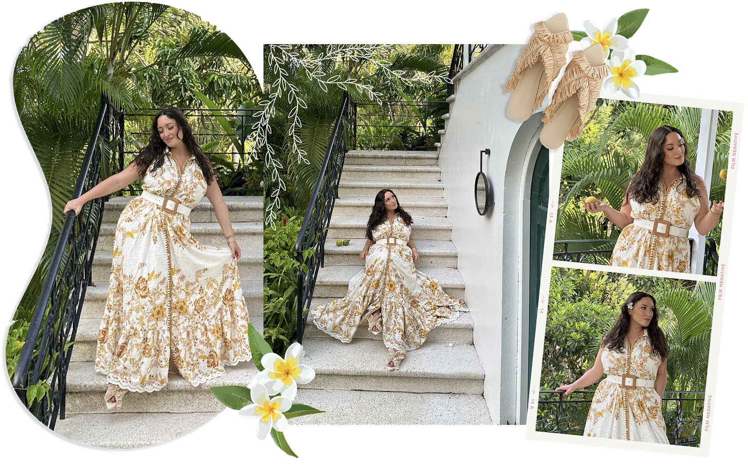 Images of Bella in a Hemant & Nandita yellow and white dress sitting on the steps of a Jamaican villa