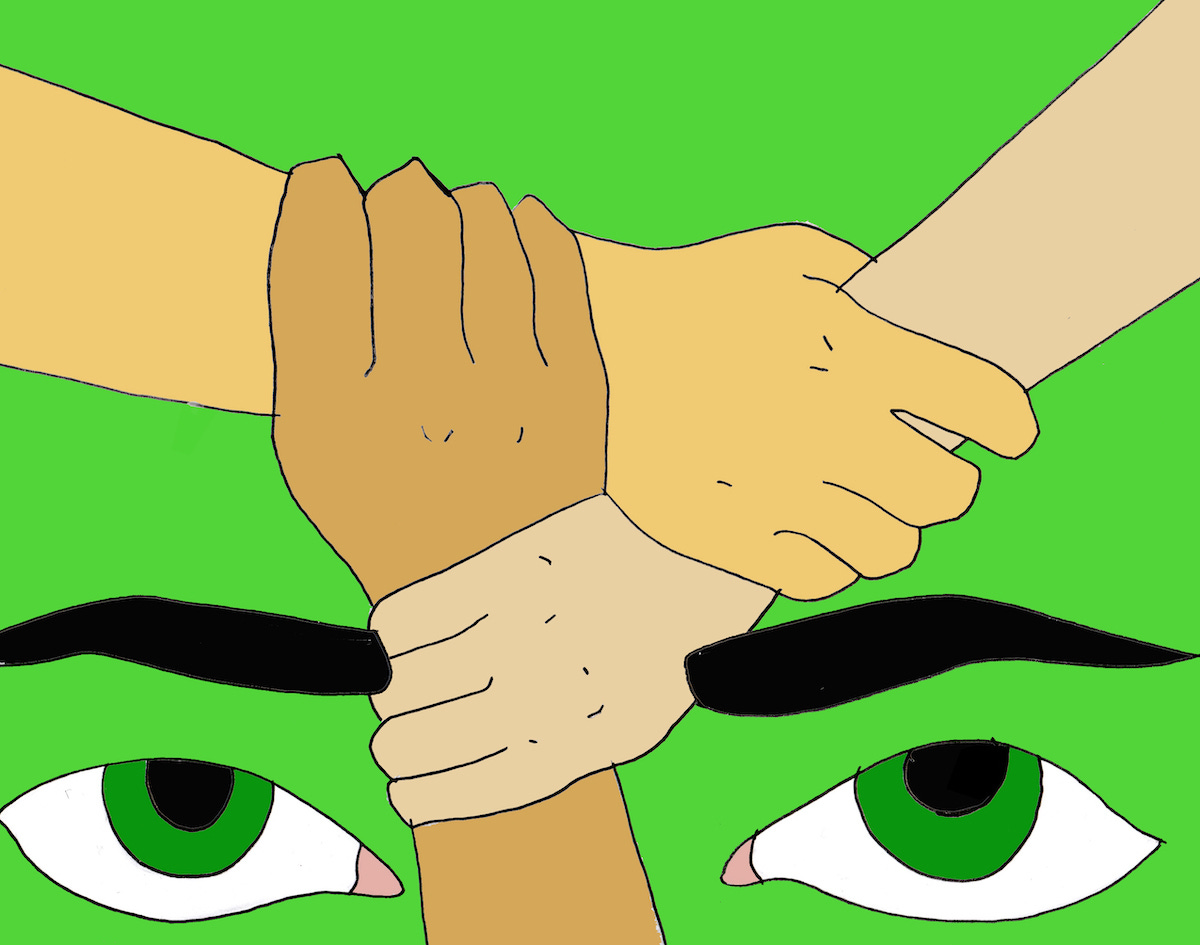 illustration of three hands holding one another's wrists above jealous eyes