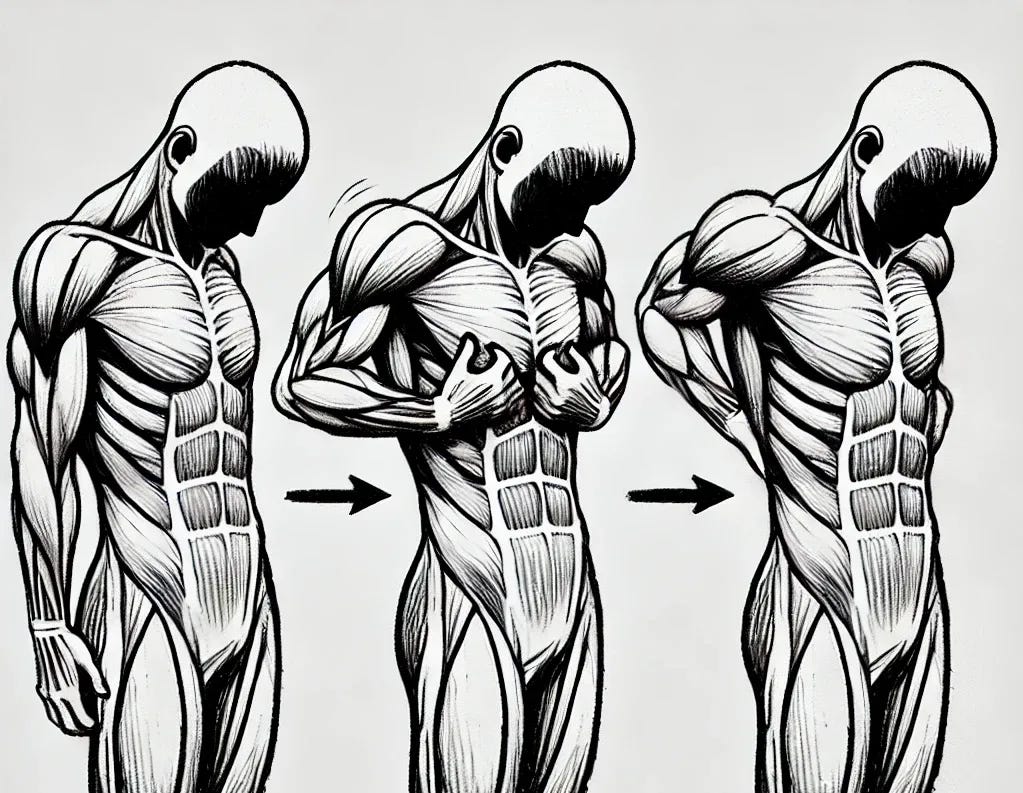 A simple black-and-white sketch illustrating the pandiculation process in three stages. Sketch 1: A person standing upright with muscles contracted, showing tensed shoulders raised toward the ears. Sketch 2: The same person holding the contraction, with shoulders remaining tense. Sketch 3: The final stage, with shoulders relaxed and dropped down, and the posture in a relaxed state.