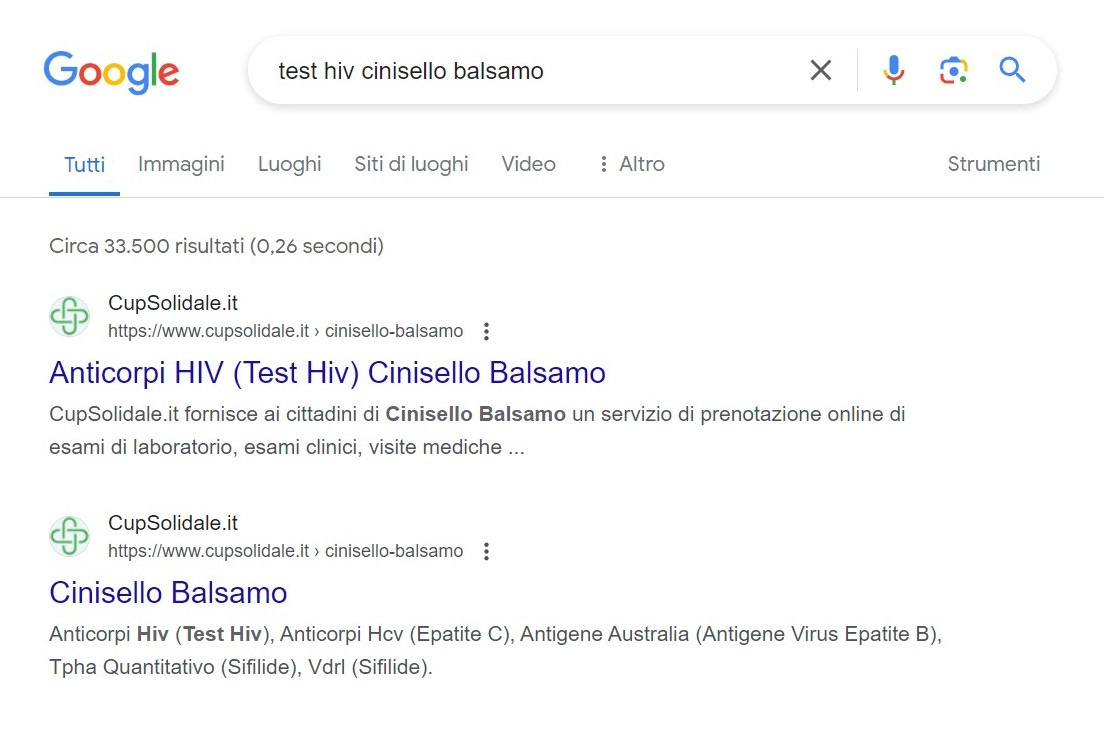 screenshot risultati di GOogle "test hiv cinisello balsamo"