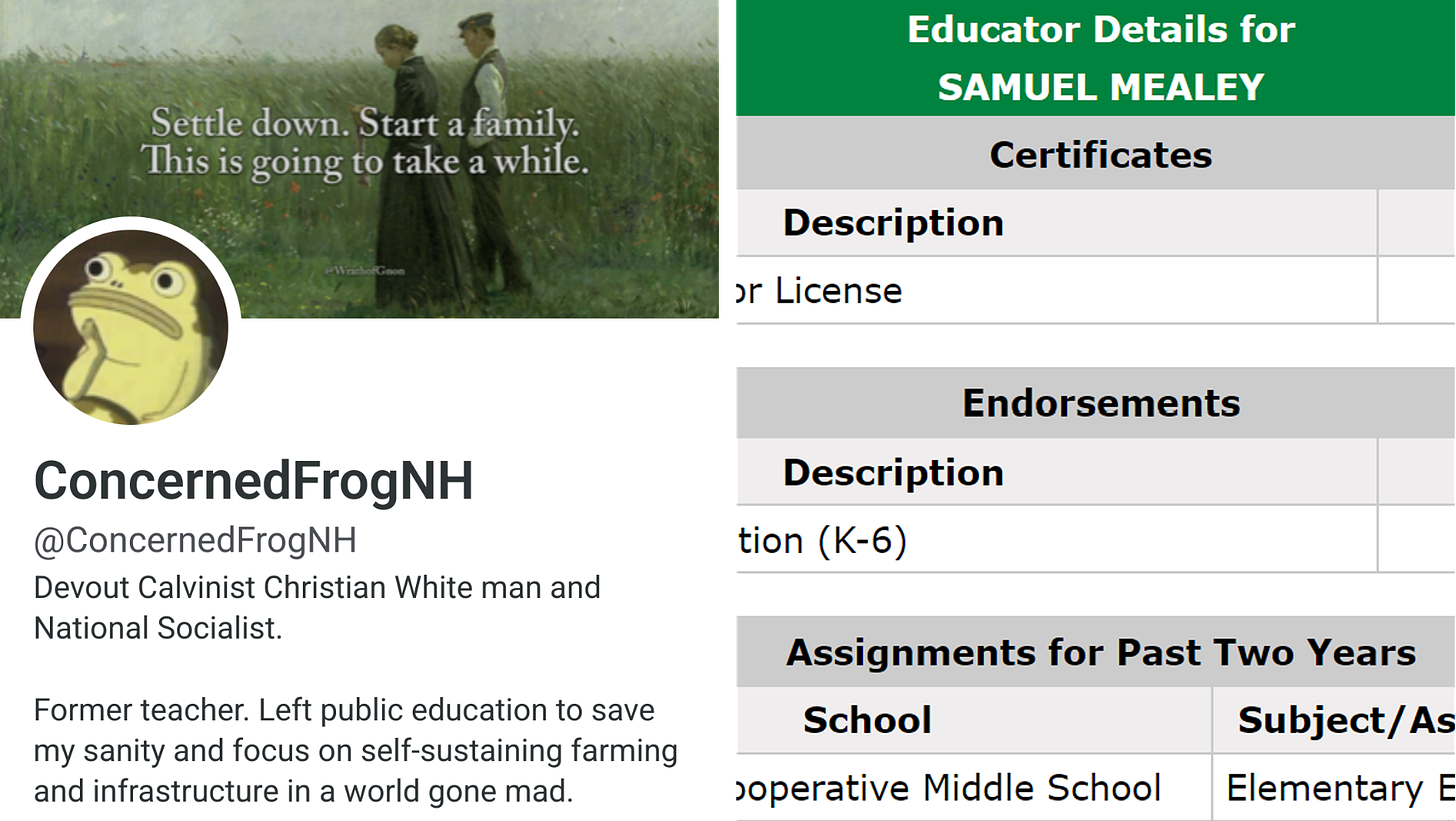 ConcernedFrogNH profile and Mealey educator license info
