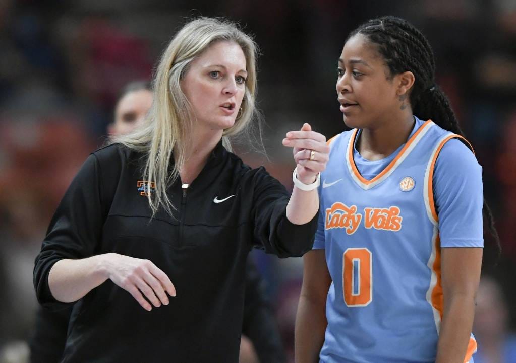 Tennessee Head Coach Kellie Harper talks with Tennessee guard Jewel Spear (0) at a break playing Alabama during the second quarter of the SEC Women's Basketball Tournament game at the Bon Secours Wellness Arena in Greenville, S.C. Friday, March 8, 2024. © Ken Ruinard / staff / USA TODAY NETWORK