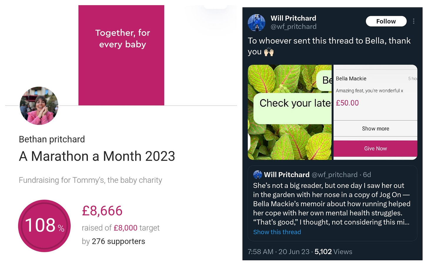 (l) Fundraising page number one with its target met and (r) her brother’s tweet that served as my entry point to this inspirational story.