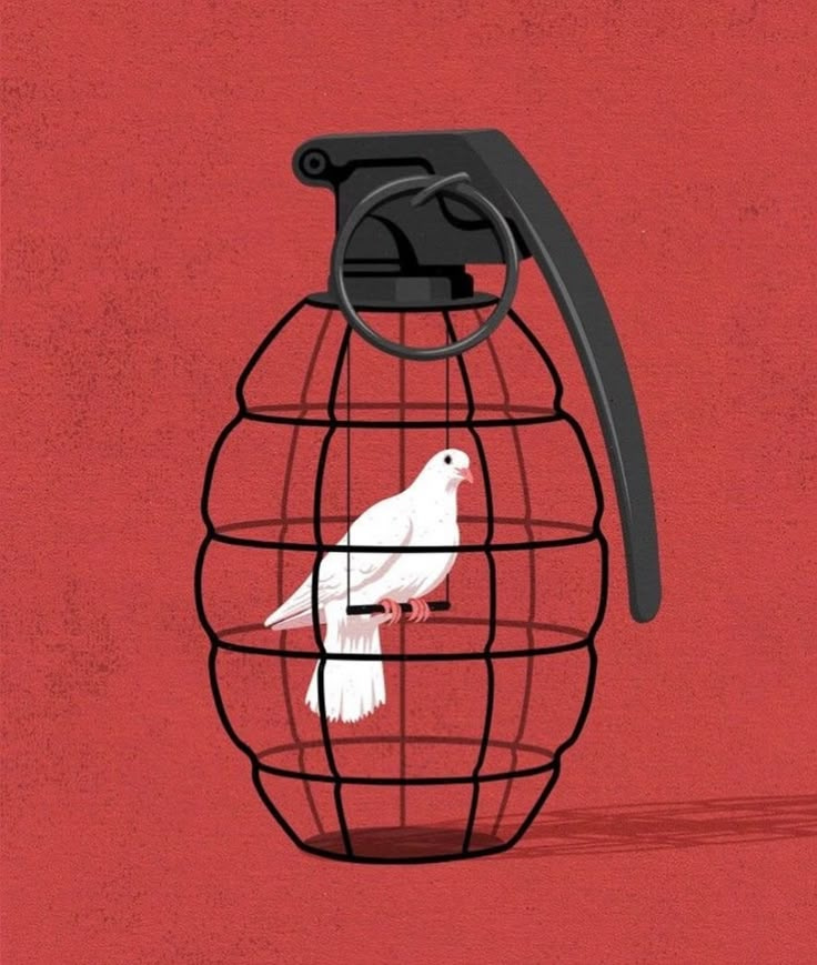 This may contain: a white bird in a cage on a red background
