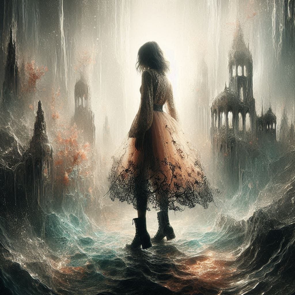 inside clear water ; tiltshift/ 5d angle glass embedded Carla caves / Broken into fragments/ pieces/Dark Haired, middle agead Asian in black boots  in front of Carla caves / in olive,ivory, chartrues, lace made of black water in resin/He is full of love. coral orange, pink, cream, olive address/ reverberating waves. black hole/ water in resin verdigris/ In the style of Michael Parkes. black etching/ black linework/ black sky