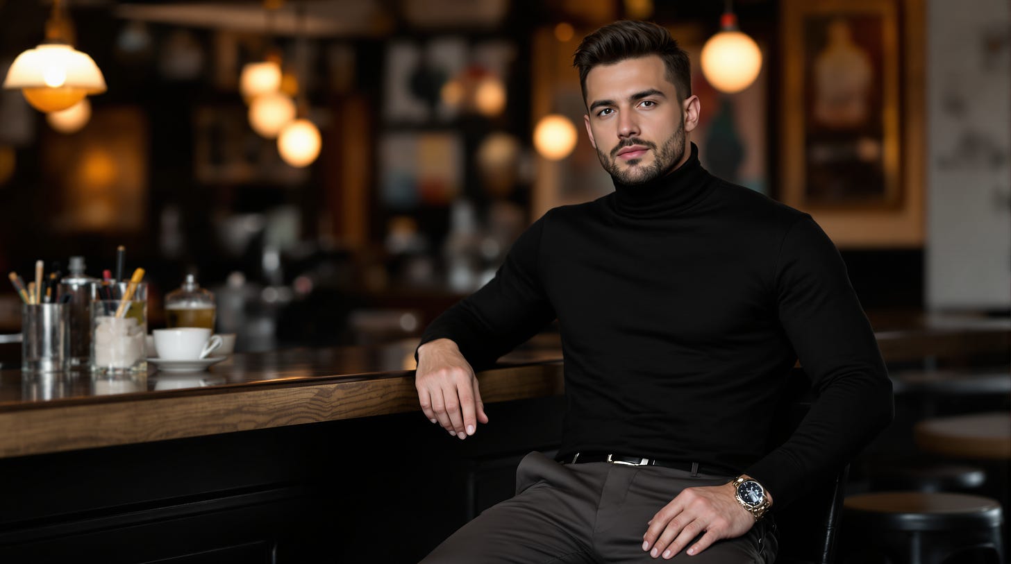 A man wearing a sleek black turtleneck and tailored chinos, leaning on a barstool in a retro café, with soft, diffused lighting emphasizing the texture of his clothes and warm tones in the atmosphere.