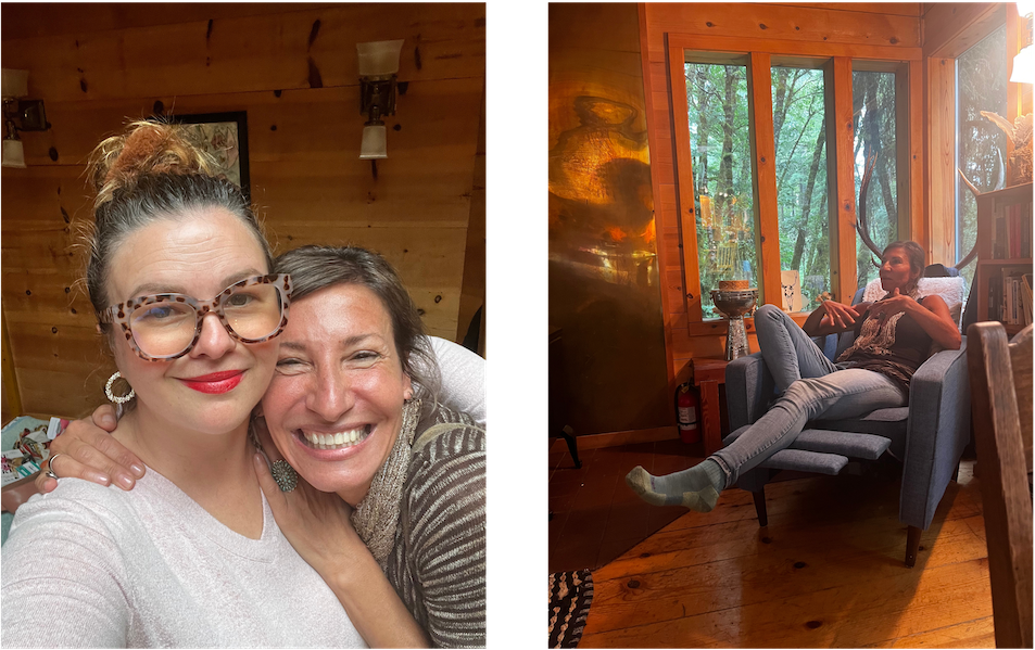 Two images. Left, Nicole and Amber smile while taking a selfie together. Nicole has her arms wrapped around Amber. Right, Nicole lounges in a recliner at Soapstone, speaking animatedly with her hands.