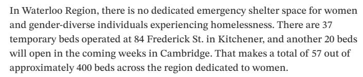 Text: In Waterloo Region, there is no dedicated emergency shelter space for women and gender-diverse individuals experiencing homelessness. There are 37 temporary beds operated at 84 Frederick St. in Kitchener, and another 20 beds will open in the coming weeks in Cambridge. That makes a total of 57 out of approximately 400 beds across the region dedicated to women.