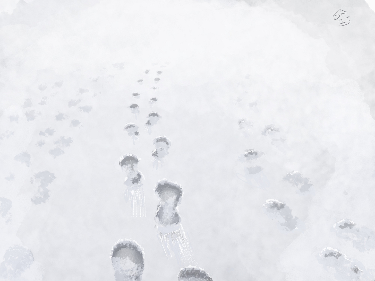 Pastel sketch of several sets of footprints, heading into the distance, with a blizzard closing in.