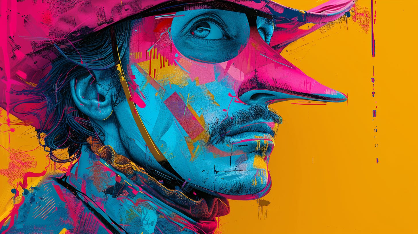 The image is a vibrant and highly stylized digital artwork of Cyrano de Bergerac in profile with a long extended nose. The individual appears to wear a hat, indicative of a bygone era, reminiscent of styles from the 17th century. The artwork is a riot of neon colors—hot pinks, bright blues, and electric yellows—splashed across the canvas in a dynamic and abstract manner. The subject's eye is detailed and realistic, a stark contrast to the otherwise abstract and fragmented portrayal of their features. The background is a solid, vivid yellow, which makes the colorful profile stand out even more prominently. This image combines elements of the past with a modern, almost cyberpunk aesthetic.