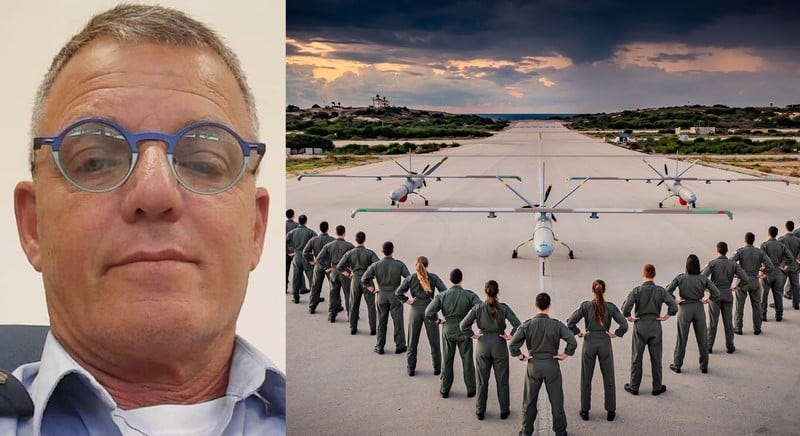 Collage: a man in Israeli air force uniform; military drones on an airfield
