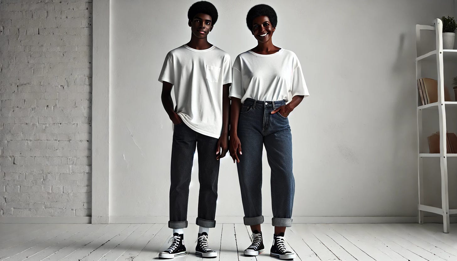 A photo-realistic full-body shot of a middle-aged Black woman and her adult Black son, both with dark skin, standing side by side in a white room. They are wearing white tee shirts, dark loose-fit jeans, and converse sneakers. The son is looking at his mother while the mother looks straight at the camera. The two are positioned to the right of the frame. They appear happy and comfortable together. Their hands should look natural with the correct number of limbs and no distortions.