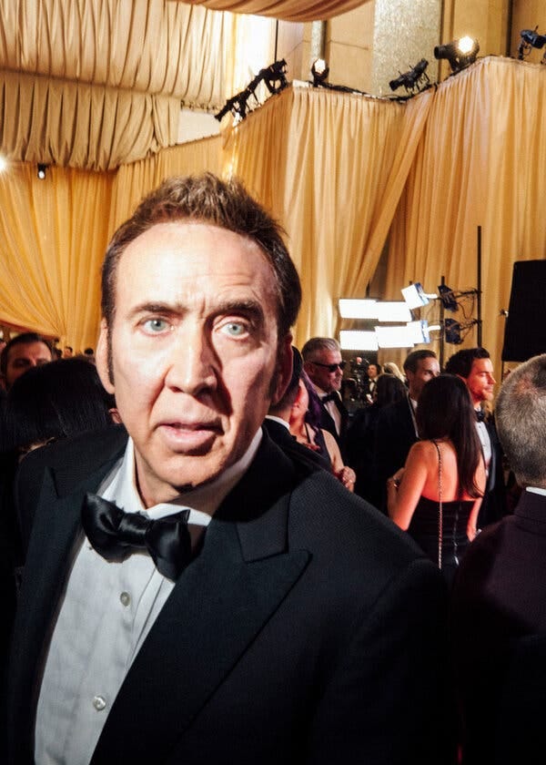 Nicolas Cage, close-up with a bewildered expression. 
