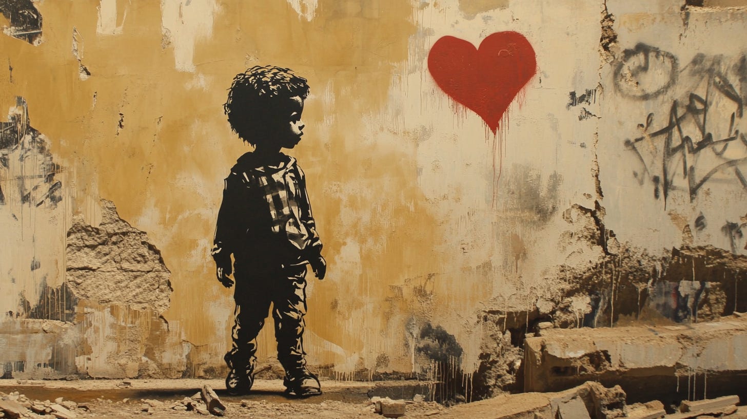 Boy looking at spraypainted heart