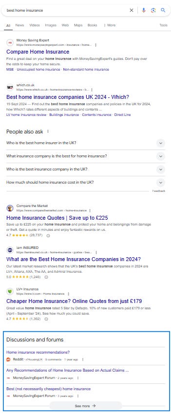 Google results for 'best home insurance' with forum results highlighted