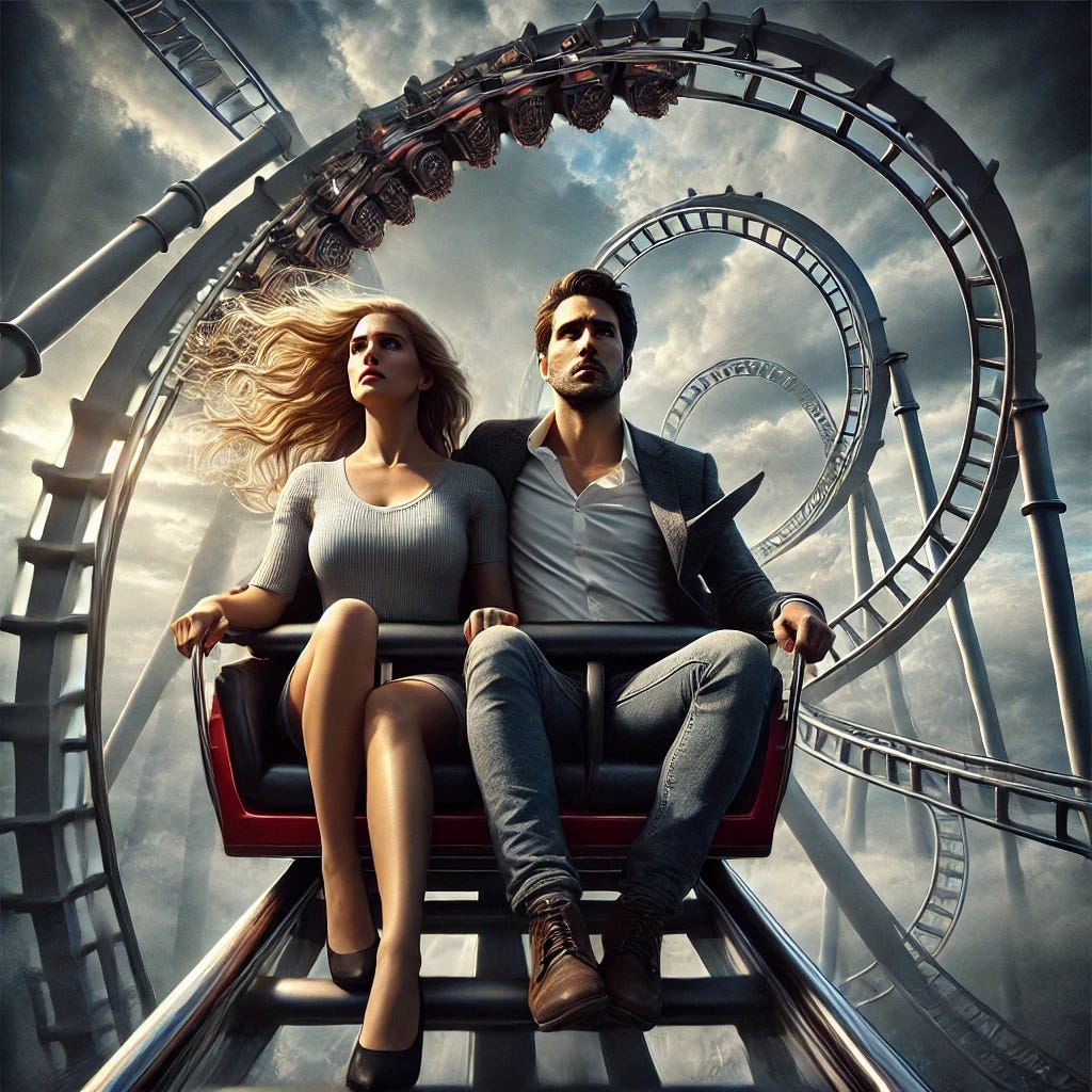 A hyper-realistic digital painting of a man and woman riding a roller coaster together, symbolizing the emotional ups and downs of love. The couple is seated side by side in the front car, their expressions a mix of thrill, fear, and intimacy. The background shows a dramatic sky and looping tracks, suggesting both exhilaration and unpredictability. The lighting is cinematic, with shadows and highlights creating a sense of motion and emotion. The setting evokes a metaphor for a turbulent but passionate relationship.