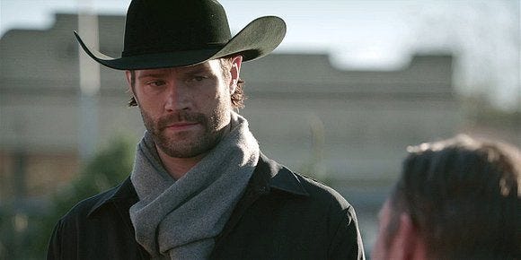 Jared Padalecki working gay cowboy outfit on Walker.