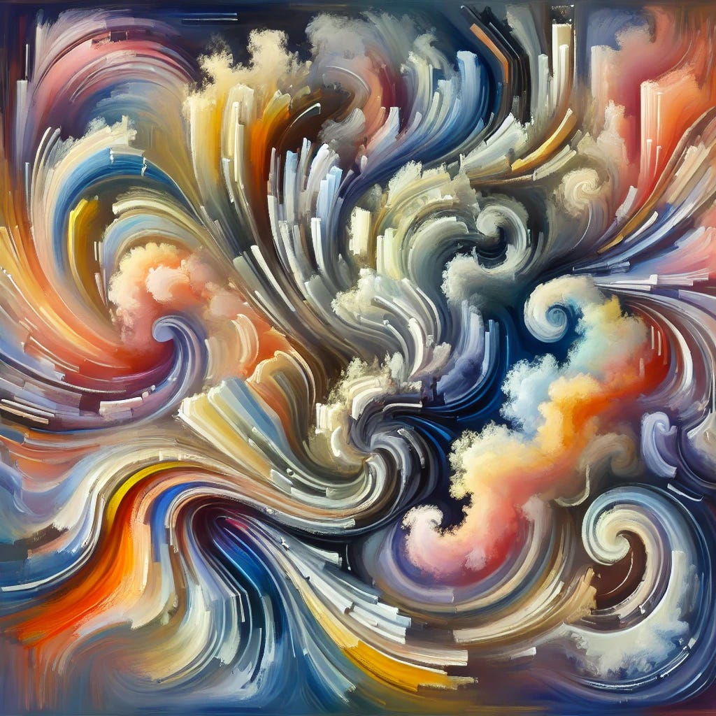 An abstract composition of swirling shapes and flowing forms, with no recognizable symbols or objects. The colors should transition from bright, vibrant tones to darker, muted hues, symbolizing the fading of youthful energy into disillusionment. Focus on creating a sense of motion and fragmentation, with the swirls and shapes softly dissolving into one another, evoking feelings of bittersweetness and loss, without any literal or figurative imagery.