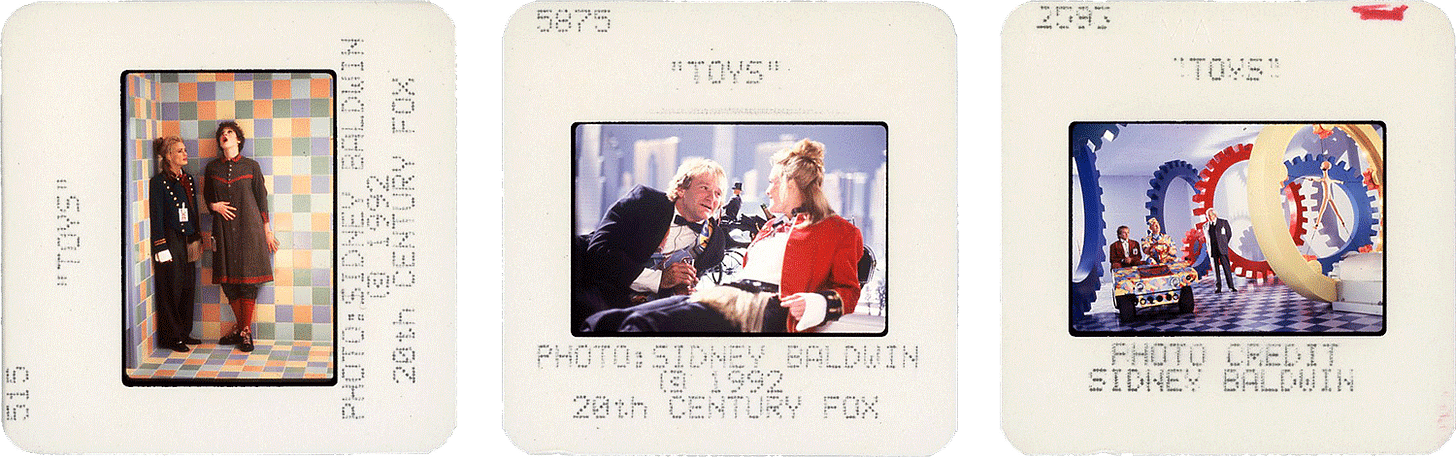 TOYS slides; photos by Sidney Baldwin, courtesy of 20th Century Fox.
