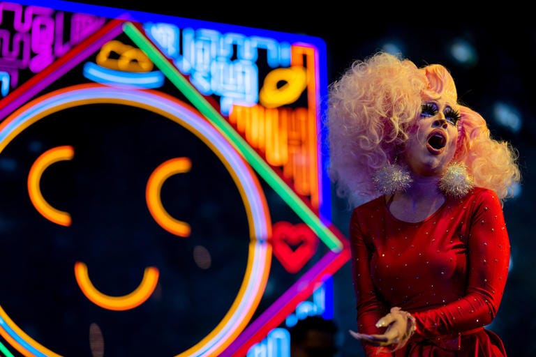 Stock photo showing drag queen Cheri Lake, who performs under the name 'Brigitte Bandit,' at the Cheer Up Charlies bar and nightclub on April 02, 2023 in Austin, Texas. Brandon Bell/GETTY