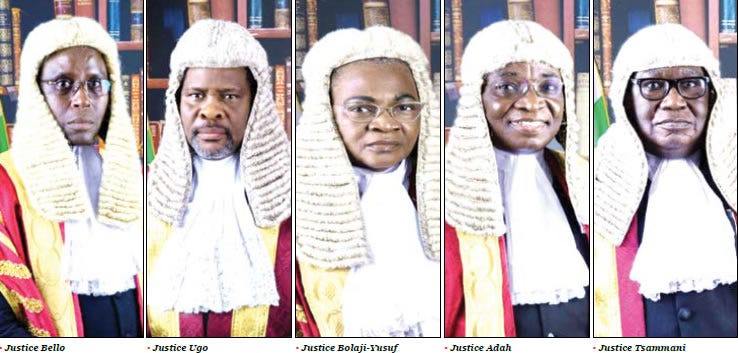 . Justice Haruna Tsammani – Chief Registrar of the Court of Appeal, 2. Justice Stephen Adah – Court of Appeal (Asaba division), 3. Justice Monsurat Bolaji-Yusuf – Court of Appeal (Asaba Division), 4. Justice Moses Ugo – Kano division, 5. Justice Abba Mohammed – Ibadan Court of Appeal