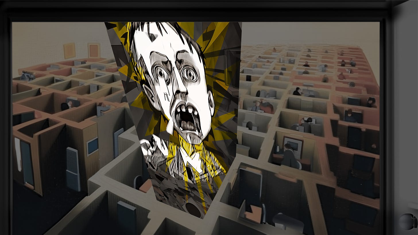 "With Your Office Door Open," digital tableau by Johnny Profane Âû. Closeup of a young man's face during a meltdown. He appears to be exploding from the desk in his office cubicle. In the background a peaceful scene of people working quietly in a surreal office filled with cubicles. In a cubist collage style with dark tones an vibrant colors. Digital tools used include AI.