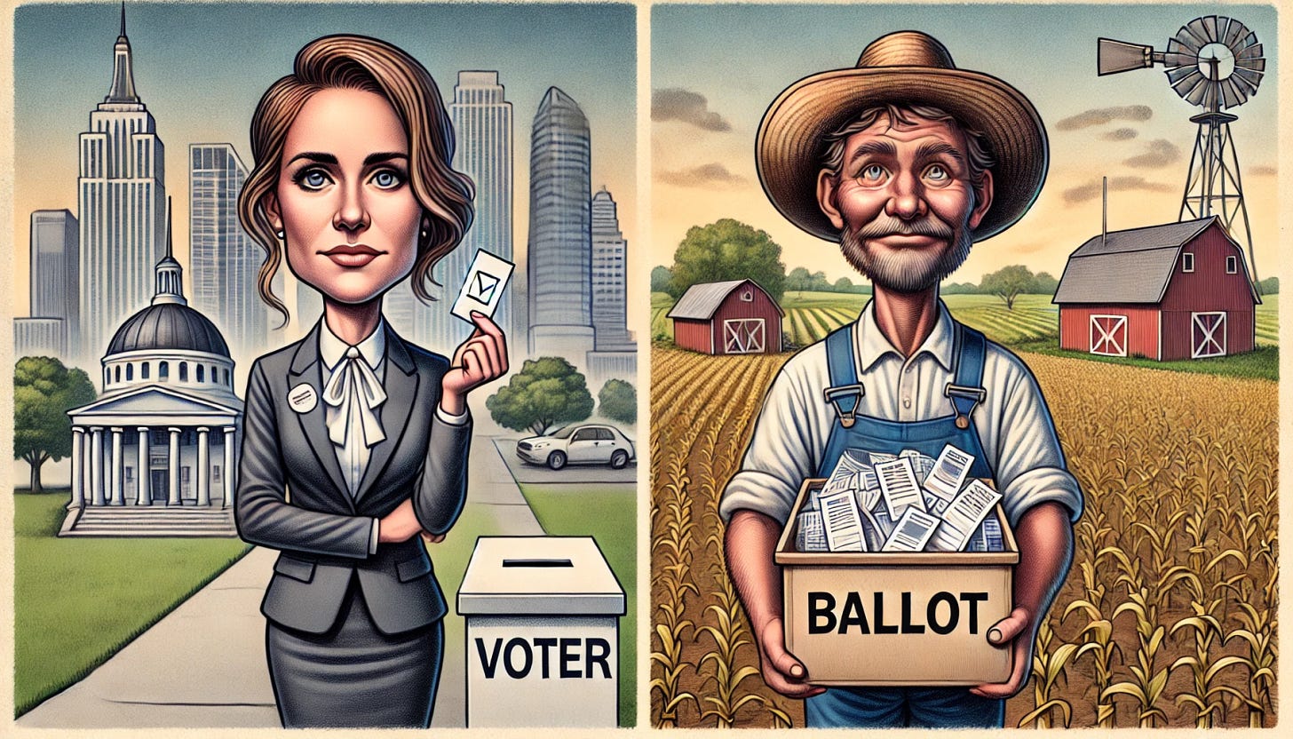 A caricature in 16:9 aspect ratio showing a contrast between an urban and rural voter. On the left, an urban business executive woman faces the viewer, holding a single small ballot and a ballot box next to her. The background features a cityscape with tall buildings, without any crops. On the right, a rural peasant man, appearing relaxed, holds fistfuls of ballots, with a ballot box and a bin of ballots beside him. The rural background includes open fields and barns. Both characters have neutral expressions, highlighting the contrast between urban and rural voting actions and settings.