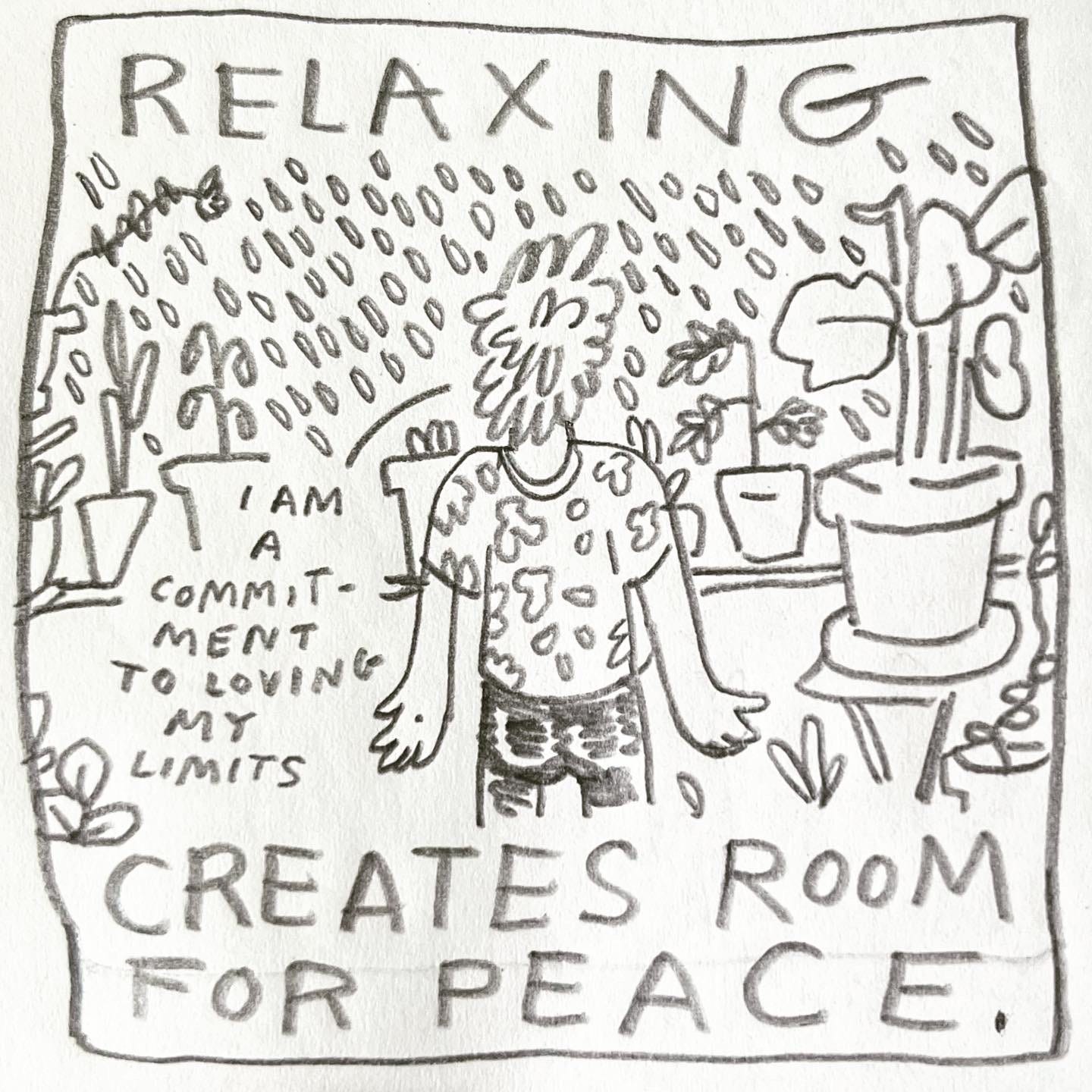 Panel 5: relaxing creates room for peace Image: it is raining. Lark stands, facing away from us, on a balcony full of potted plants. Their arms are relaxed by their side with open palms. They say, "I am a commitment to loving my limits"