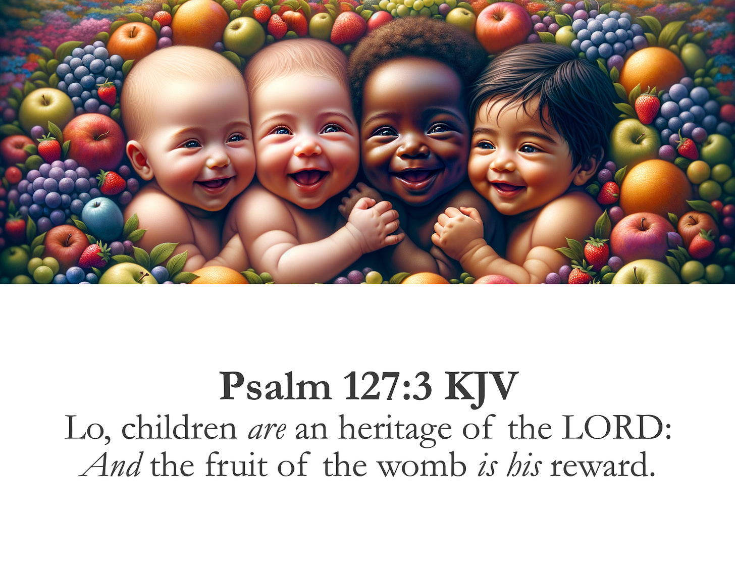 This image depicts four smiling and laughing baby figures of different ethnicities surrounded by a vibrant array of fruits, including apples, oranges, grapes, and strawberries. The text at the bottom quotes Psalm 127:3 from the King James Version of the Bible, which states "Lo, children are an heritage of the LORD: and the fruit of the womb is his reward." The image conveys a joyful and celebratory message about the preciousness of children and new life, using the metaphor of the abundant fruits to represent this biblical teaching.