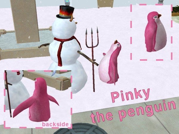 Screenshot uit De Sims 2, die een roze pinguïn toont.