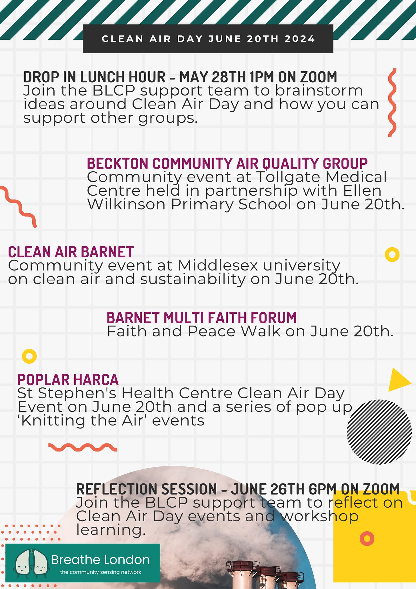 Poster covering all the Breathe London events on Clean Air Day